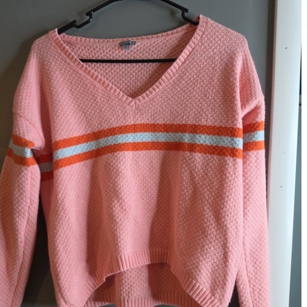 Charlotte Russe Pink Waffle Knit V-Neck Striped Pullover Sweater XS